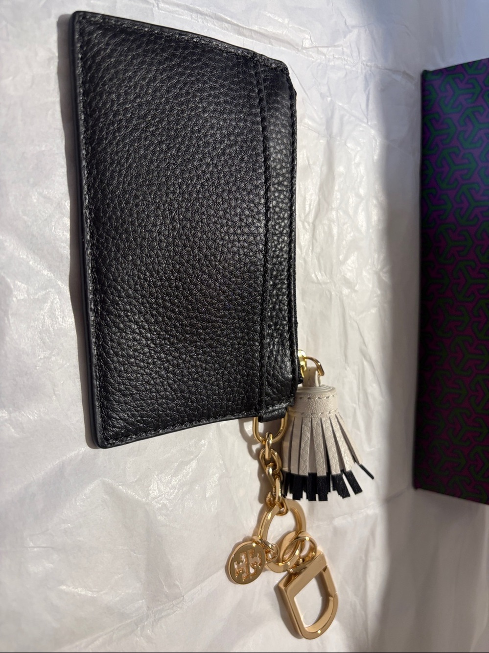 Tory Burch Black Leather Zip Card Case with 'C' Initial and Tassel Keychain - Picture 3 of 5